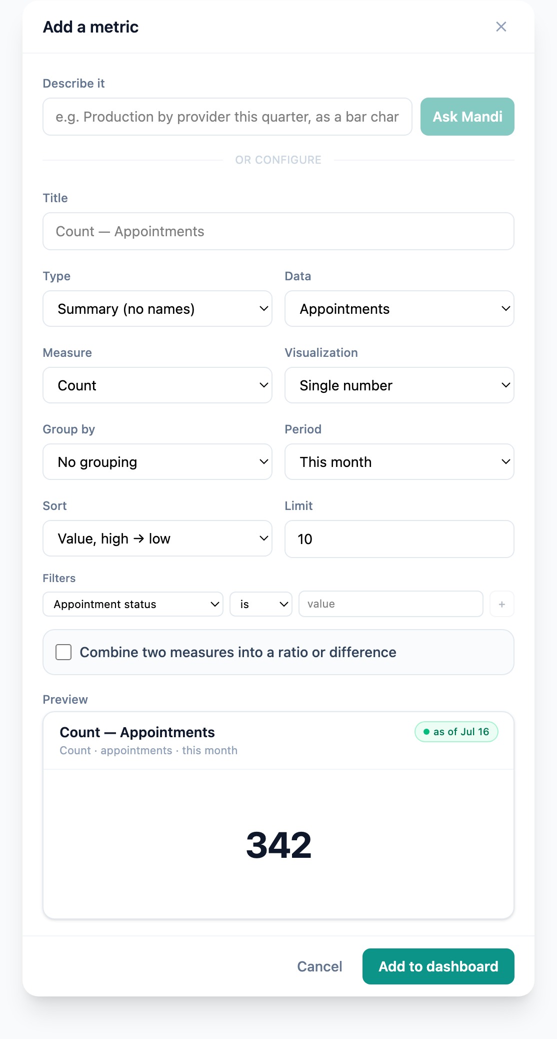 Mandi's metric builder: describe a metric in plain English for Mandi to build, or configure the type, measure, grouping, and visualization by hand